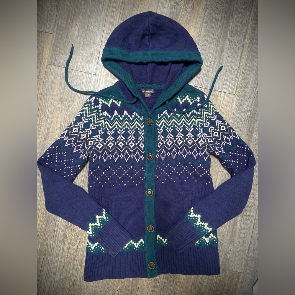 ❄️ Eddie Bauer, Medium, Blue Hooded Knit Button Down Jacket ❄️